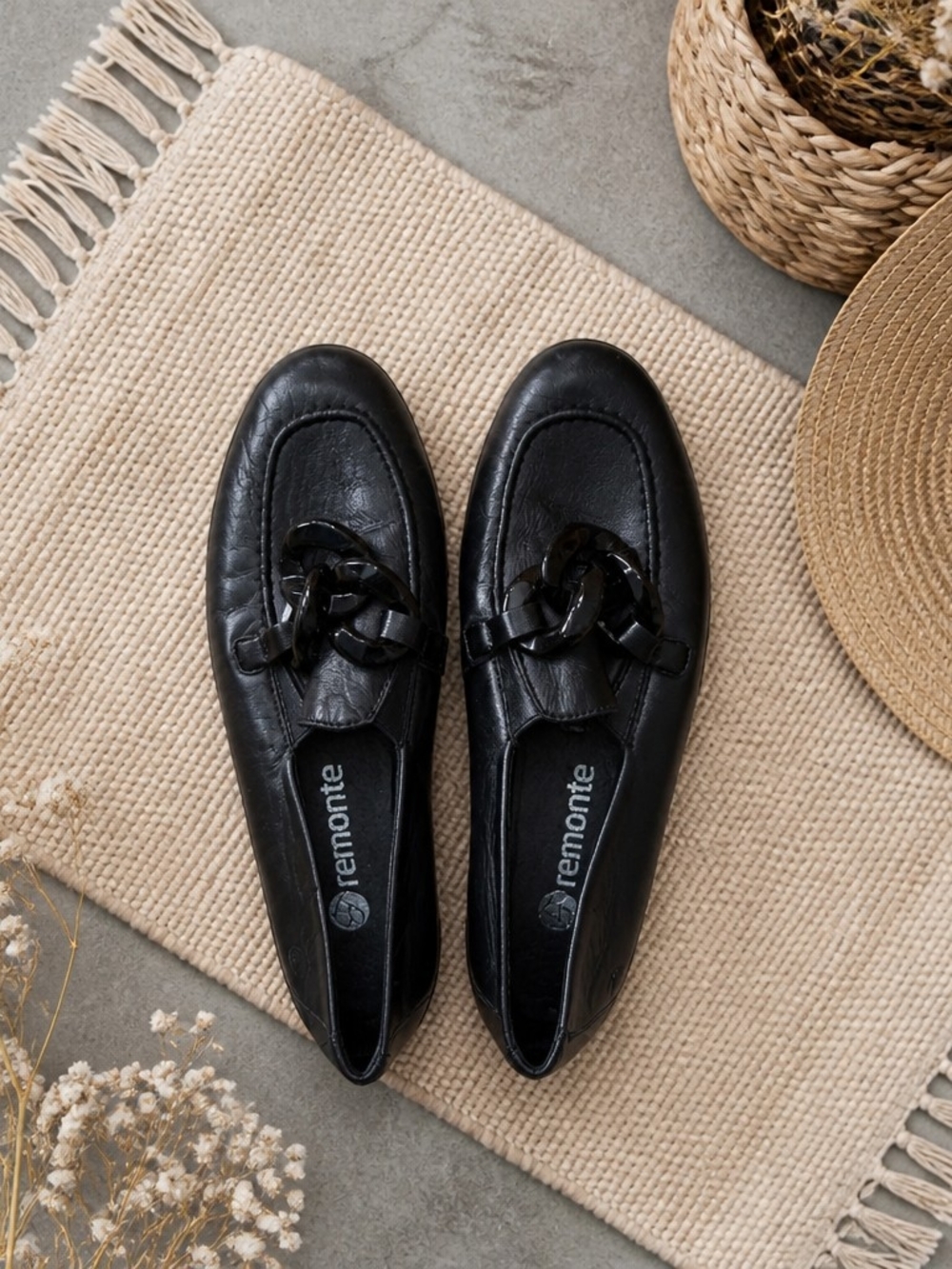 Remonte Black Leather Slip-On Loafers with Chain Detail